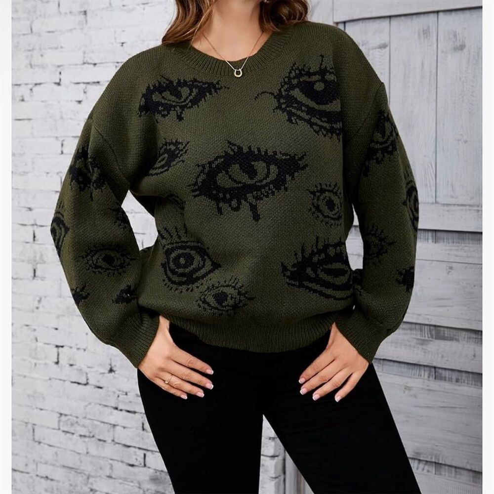 Floerns Women's XS Green Grunge Punk Eye Print Chunky Knit Sweater